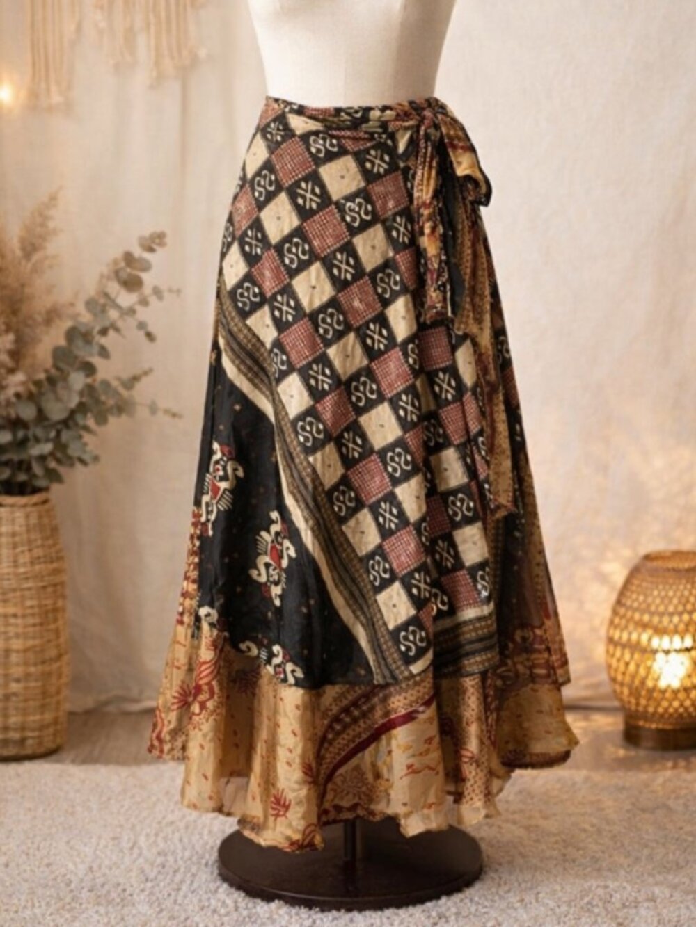 Artisan Silk Two-Layer Wrap Skirt L/XL Boho Ethnic Festival Gypsy Hippie Maxi